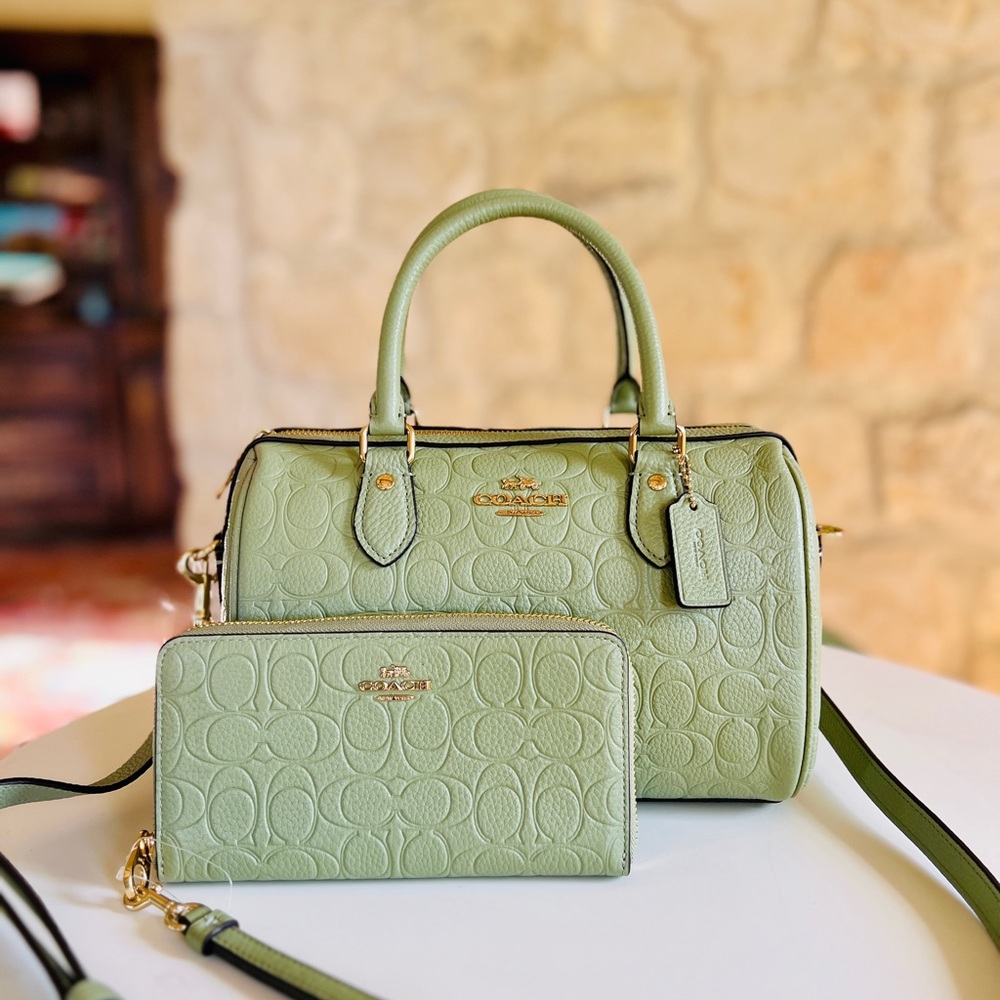 Coach Sage Green Embossed Leather Satchel with Matching Wallet